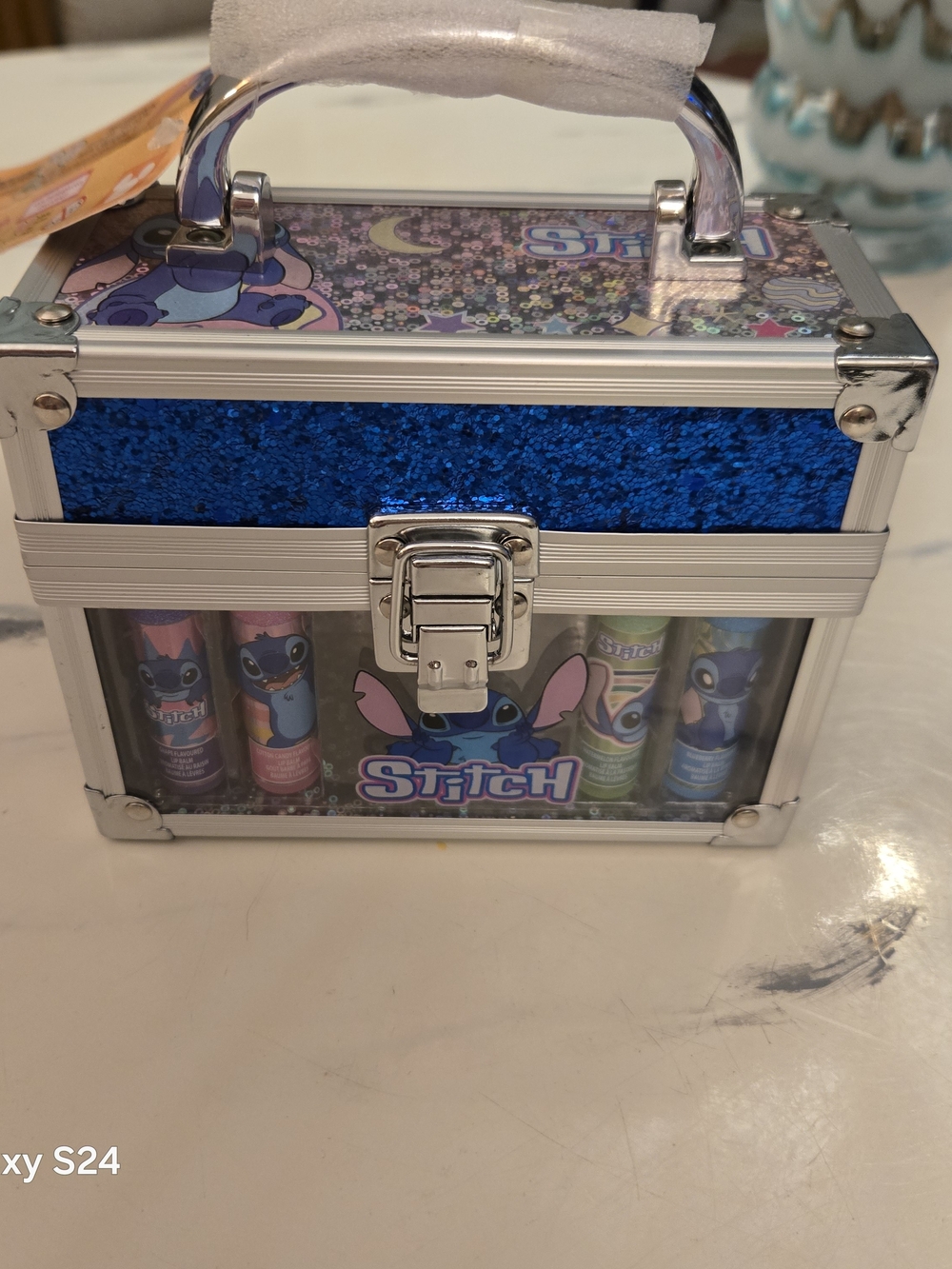Disney Stitch Glitter Blue Carry Case with Lip Gloss Set